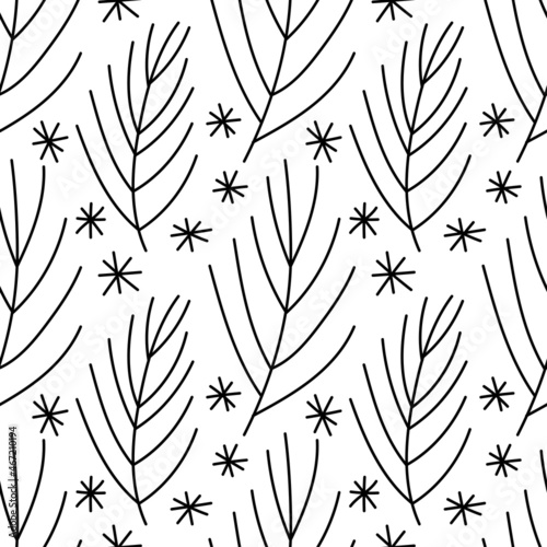 Black line christmas seamless pattern on white. Vector for paper, wallpaper, fabric, interior design.