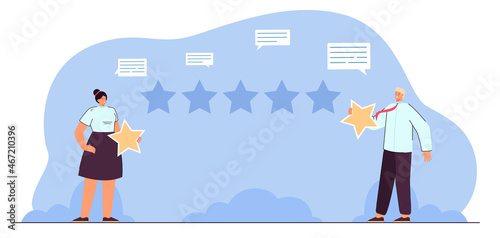 Users or clients rating online service and giving opinion. Man and woman holding stars for review flat vector illustration. Customer feedback or satisfaction concept for banner or landing web page