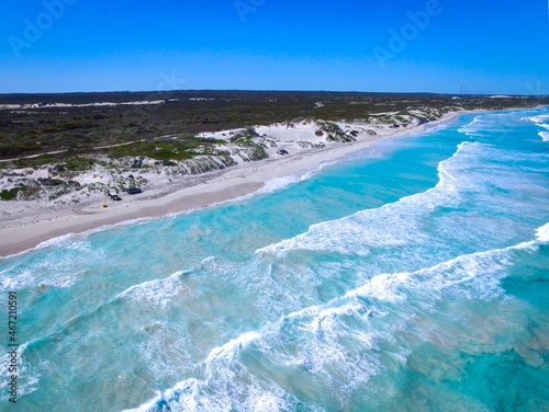 Aerial vie of ocean waves crashing on shore in Lancelin, Western Australia, Australia photo