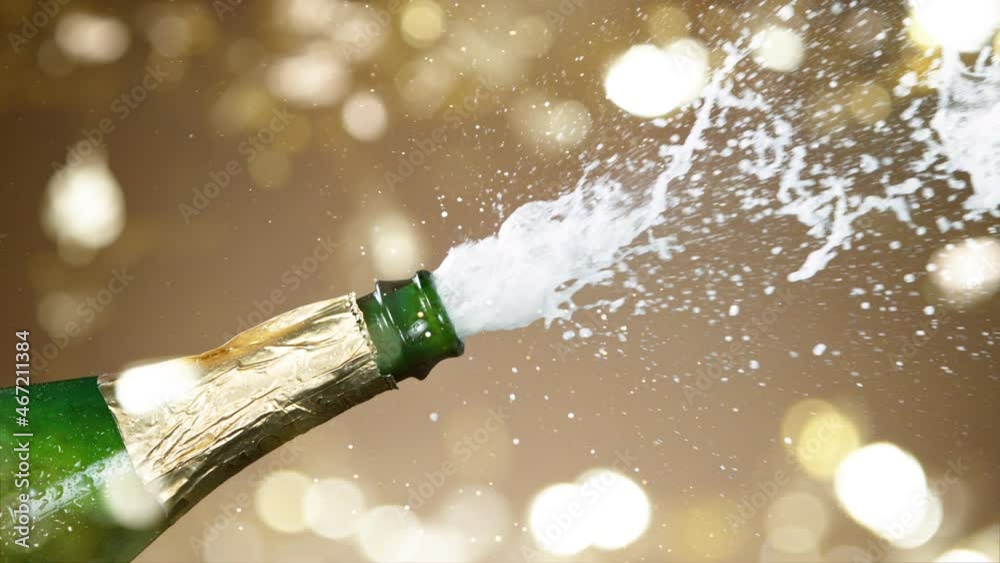 Super slow motion of Champagne explosion with flying cork closure, opening champagne bottle closeup. Filmed on high speed cinematic camera at 1000 frames per second.