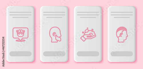 Set line Barbershop, Mustache and beard, Shaving foam on hand and Hairstyle for men. White rectangle button. Vector