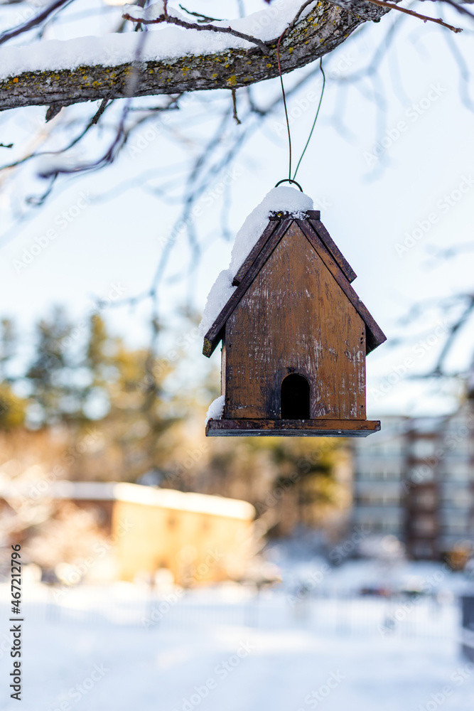 Birdhouse hanging on tree branch in yard near houses in winter. Old wooden bird feeder in cold snowy season Birdhouse hanging on tree branch in yard near houses in winter. Old wooden bird feeder in cold snowy season