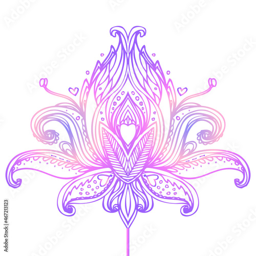 Vector ornamental Lotus flower, ethnic art, patterned Indian paisley. Hand dr...