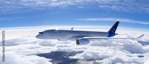 Fotografia Blue Hydrogen filled H2 Aeroplane flying in the sky - future H2 energy concept