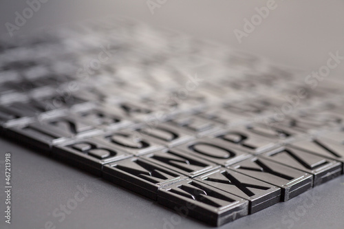 letterpress alphabet and numbers on black background