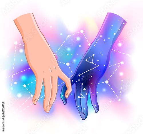 Two women holding hands isolated vector illustration. Valentine's Day card design. Magic, occult sign for textile and fabric, t-shirt, pin and sticker. One hand with galaxy inside holding human palm.
