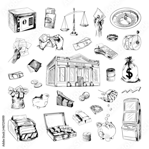 Collection of monochrome illustrations of finance in sketch style. Hand drawings in art ink style. Black and white graphics.