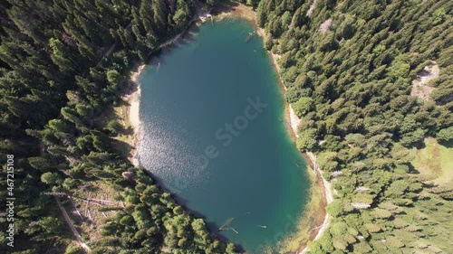 Aerial view of mountain lake surrounded by dense coniferous and beech forest. Montenegro, Europe. In Montenegro they call him Zabojsko Jezero and has an elevation of 1481 metres photo