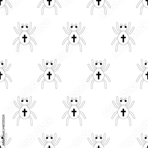 Vector spider with orange cross on back. Seamless pattern line. Halloween character icon. Cute autumn all saints eve illustration with scary black insect. Samhain party sign design for kids.