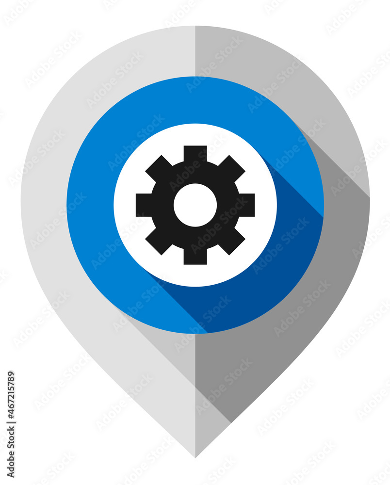 Map pin, symbol of gear, gps pointer folded from gray paper Map pin, symbol of gear, gps pointer folded from gray paper