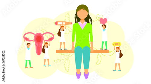 Abstract Flat Big Woman With Many Gynecologist's Appointment Medic Cartoon People Character Man Concept Illustration Vector Design Style Healthcare Diagnosis Clinic