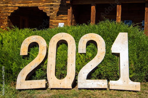New year 2021 sign made from wood on the territory of the National historical and architectural complex Residence of Bogdan Khmelnitsky, Chyhyryn city, Cherkasy region, Ukraine.