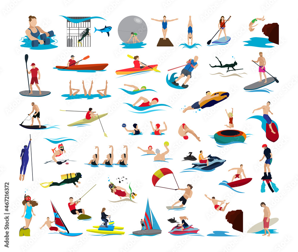 Collection of illustrations with characters involved in water sports.