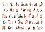Collection of family illustrations. Parents with children spending leisure time together.