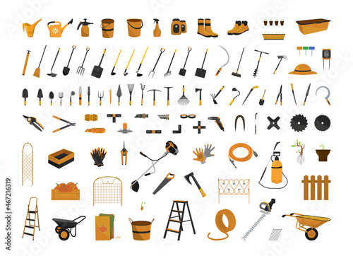 Vector set of gardening tools. Farm equipment.