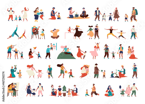 Collection of family illustrations. Parents with children spending leisure time together.