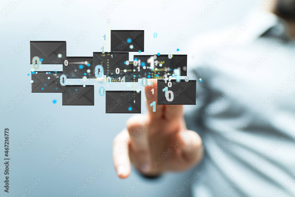 touching 3D rendering flying email icon with his fin touching 3D rendering flying email icon with his fin