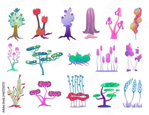 Cute fantasy plant illustrations. Abstract fabulous trees.