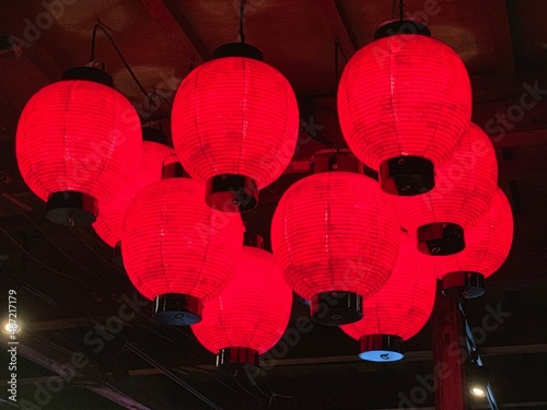 Red lit lantern decoration at night photo