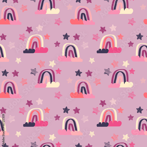 Cute cartoon childish seamless pattern with hand drawn rainbows, clouds and s...