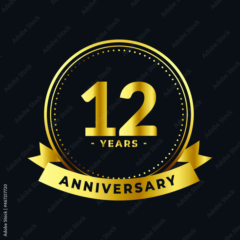 Twelve Years Anniversary Gold and Black Isolated Vector