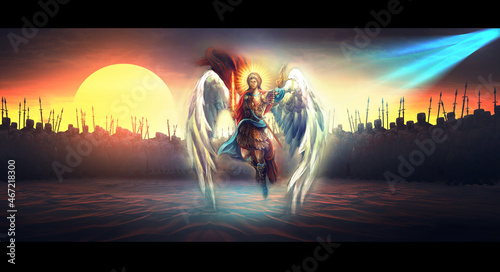 Fényképezés st. archangel Michael with burning sword