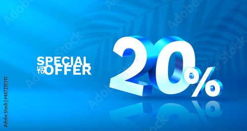 20 Off. Discount creative composition. 3d sale symbol with decorative objects, golden confetti, podium and gift box. Sale banner and poster. Vector