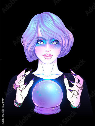 Fortuneteller with crystal ball. Creepy cute vector illustration. Gothic design, mystic magic symbol, pastel colors. Future telling, Halloween concept.