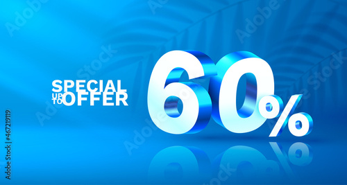 60 Off. Discount creative composition. 3d sale symbol with decorative objects, golden confetti, podium and gift box. Sale banner and poster. Vector 