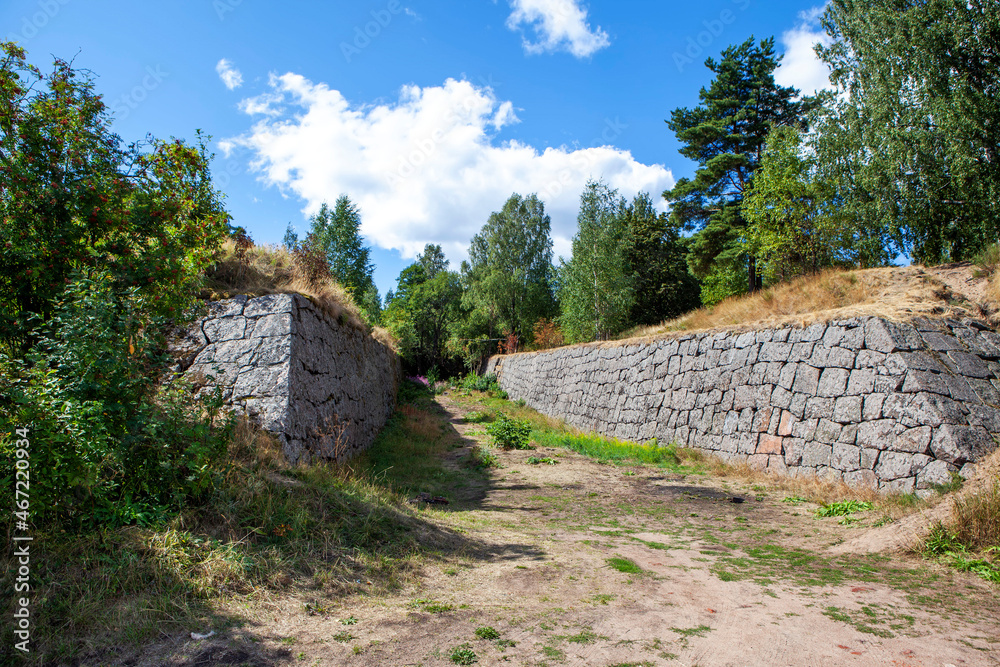 The walls of the earthen ditch. Trongzund fortress. Vysotsk. Leningrad region. Russia