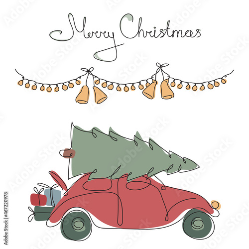Vector retro red car carry tree, gift and Merry Christmas lettering. The happy winter time iIllustration in one line style