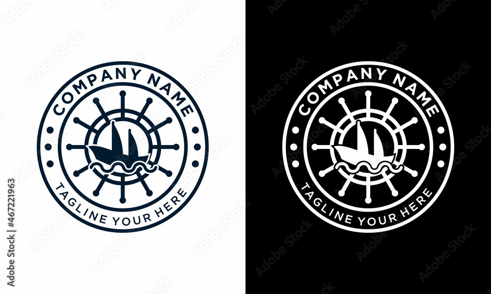Obraz premium Ship with ship wheel logo vintage design vector template on a black and white background.