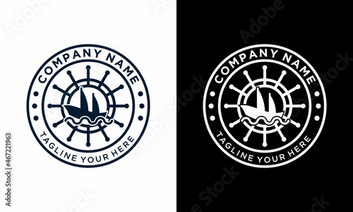 Ship with ship wheel logo vintage design vector template on a black and white background.