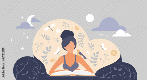 Woman reading book, sitting in fantasy cloud of imagination vector illustration. Cartoon literature lover character receiving magic of knowledge from book. Personal development, self education concept