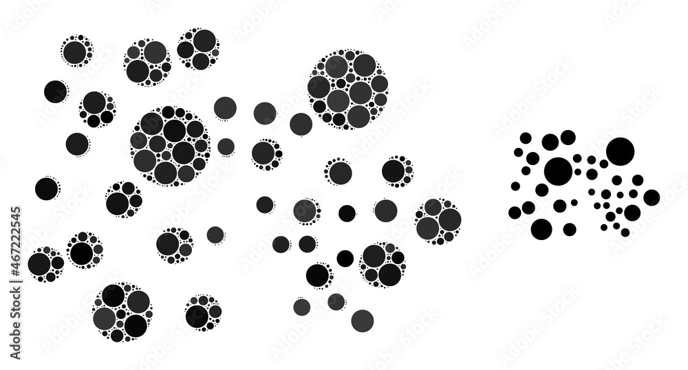 Bubble cluster vector collage of circle dots in different sizes and color tones. Circle dots are grouped into bubble cluster vector mosaic. Abstract vector design concept. Bubble cluster vector collage of circle dots in different sizes and color tones. Circle dots are grouped into bubble cluster vector mosaic. Abstract vector design concept.