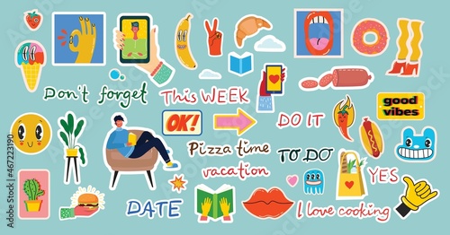 Set of weekly or daily planner and diaries vector flat illustration. Cute sticker template decorated with cartoon image and trendy lettering.