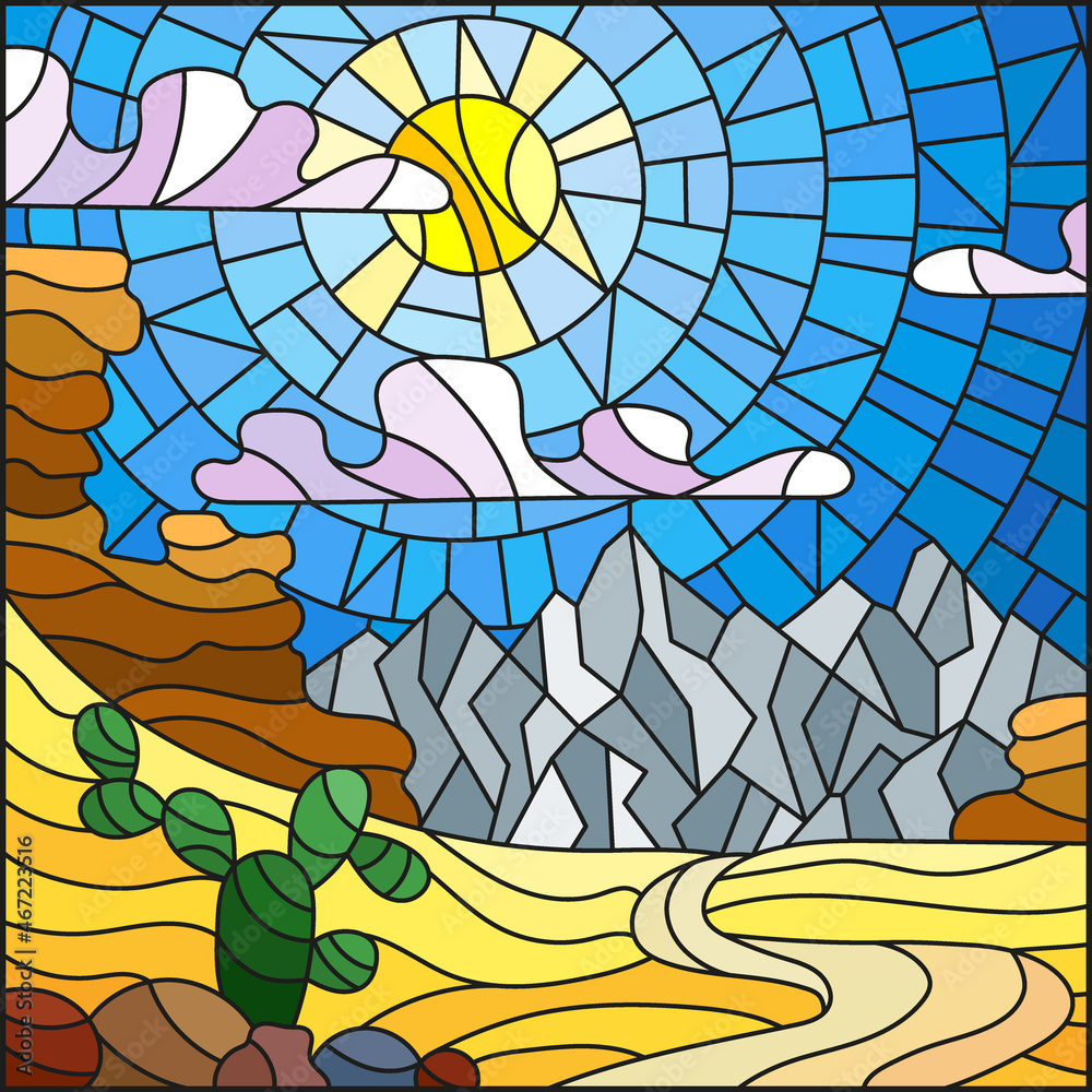 Illustration in the style of a stained glass window with a desert landscape, square image