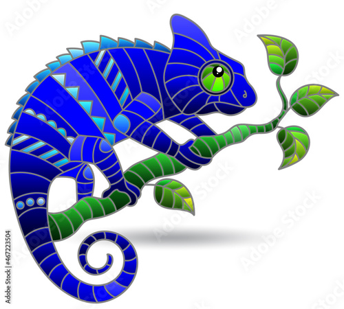 A stained glass illustration with an abstract chameleon on a branch, an animal isolated on a white background