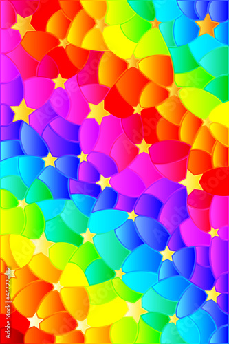 Illustration in the style of stained glass with an abstract background, stars on a rainbow background