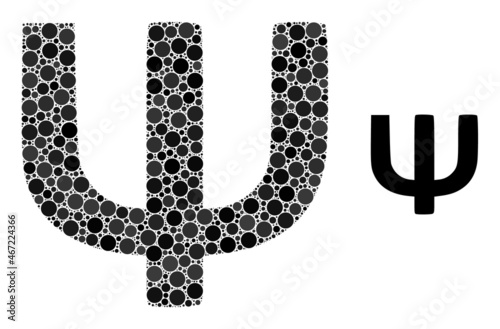Psi Greek symbol vector collage of dots in variable sizes and color shades. Circle dots are grouped into Psi Greek symbol vector collage. Abstract vector illustration.