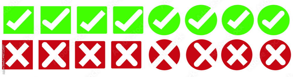 Large vector set of green check marks and red crosses. Negative, positive, incorrect, correct. Large vector set of green check marks and red crosses. Negative, positive, incorrect, correct.