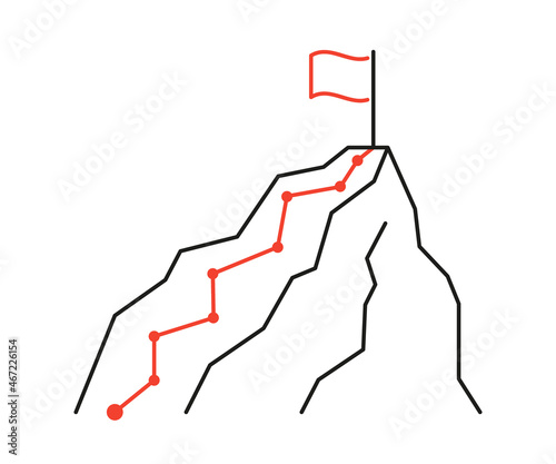 Path to top mountain hill, mission, challenge, plan achievement to goal. Way to peak success. Climbing to top of mountain. Dangerous competition. Flag on rock on finish. Vector line illustration
