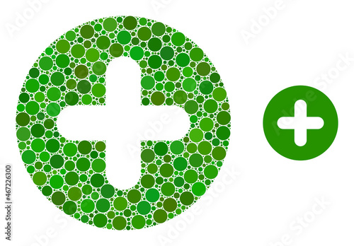 Plus vector composition of circle dots in variable sizes and color shades. Dots are united into plus vector illustration. Abstract vector illustration.