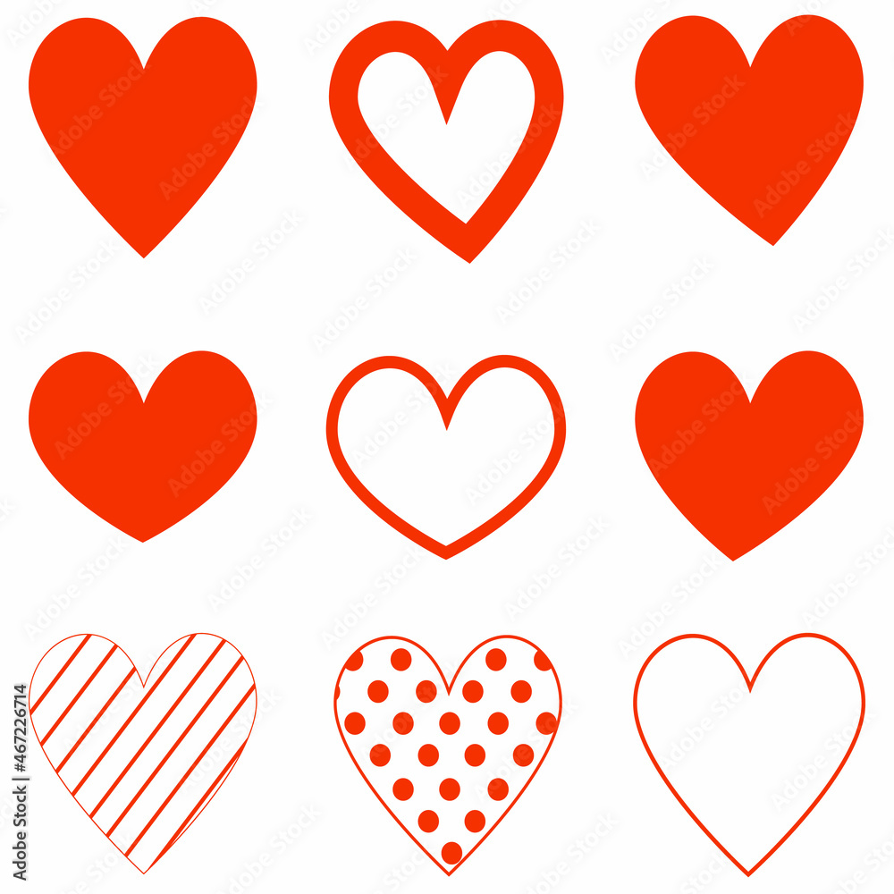 Heart hand drawn different red icons set, collection of hearts. Love symbols. Vector illustration..
