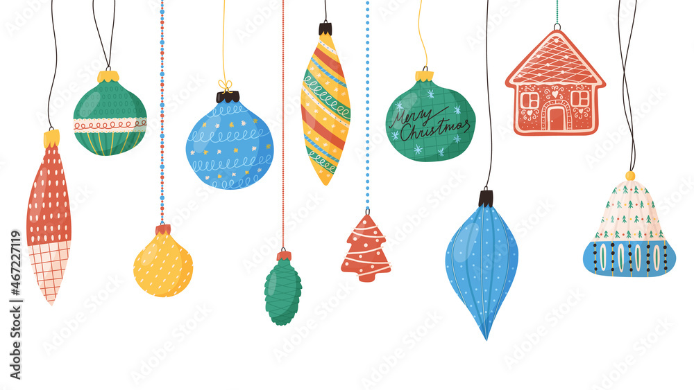 Christmas tree decoration hanging on string, flat vector illustration isolated on white background. Set of balls or toys for winter holidays banner or background design.