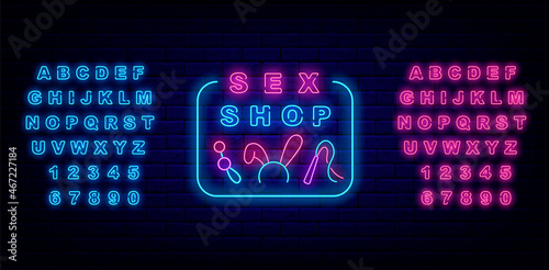 Sex shop neon sign. Pink and blue alphabet. Adult toys. Sexual accessories. Isolated vector stock illustration