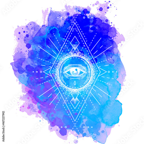 All seeing eye ornate composition. Hand drawn vintage style design element. A...