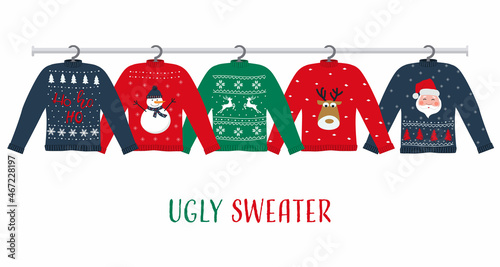 Rack with Ugly Sweaters on hangers. There are red, green and blue Christmas sweaters with deers, snowman, Santa Claus in the picture. Vector illustration