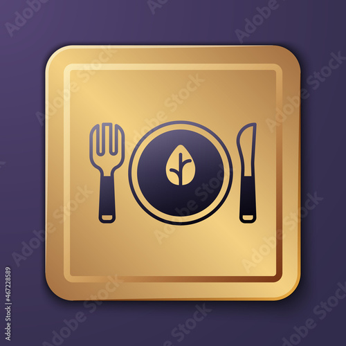 Purple Vegan food diet icon isolated Purple background. Organic, bio, eco symbol. Vegan, no meat, lactose free, healthy, fresh and nonviolent food. Gold square button. Vector