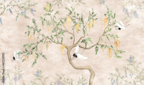 Decorative flowering tree with flying cranes. Mural, Wallpaper for interior design.